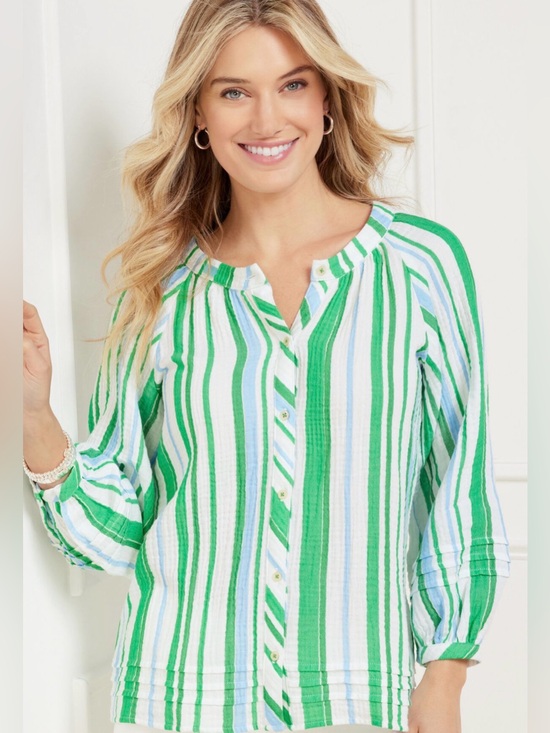 Talbots Tops - Talbots Pintuck Button Front Top Cruise Stripe Size 2XP 100% Cotton